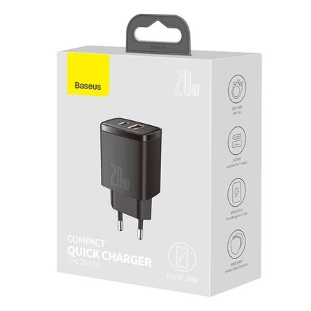 Charger with Quick Charge Baseus Compact USB+Type-C 20W Black